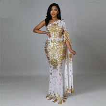 Load image into Gallery viewer, Sequins Long Sleeve One Shoulder Dress - AwakenYourYoniverse AwakenYourYoniverse Gold / S AwakenYourYoniverse
