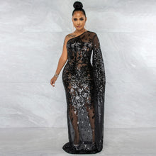 Load image into Gallery viewer, Sequins Long Sleeve One Shoulder Dress - AwakenYourYoniverse AwakenYourYoniverse Black / S AwakenYourYoniverse
